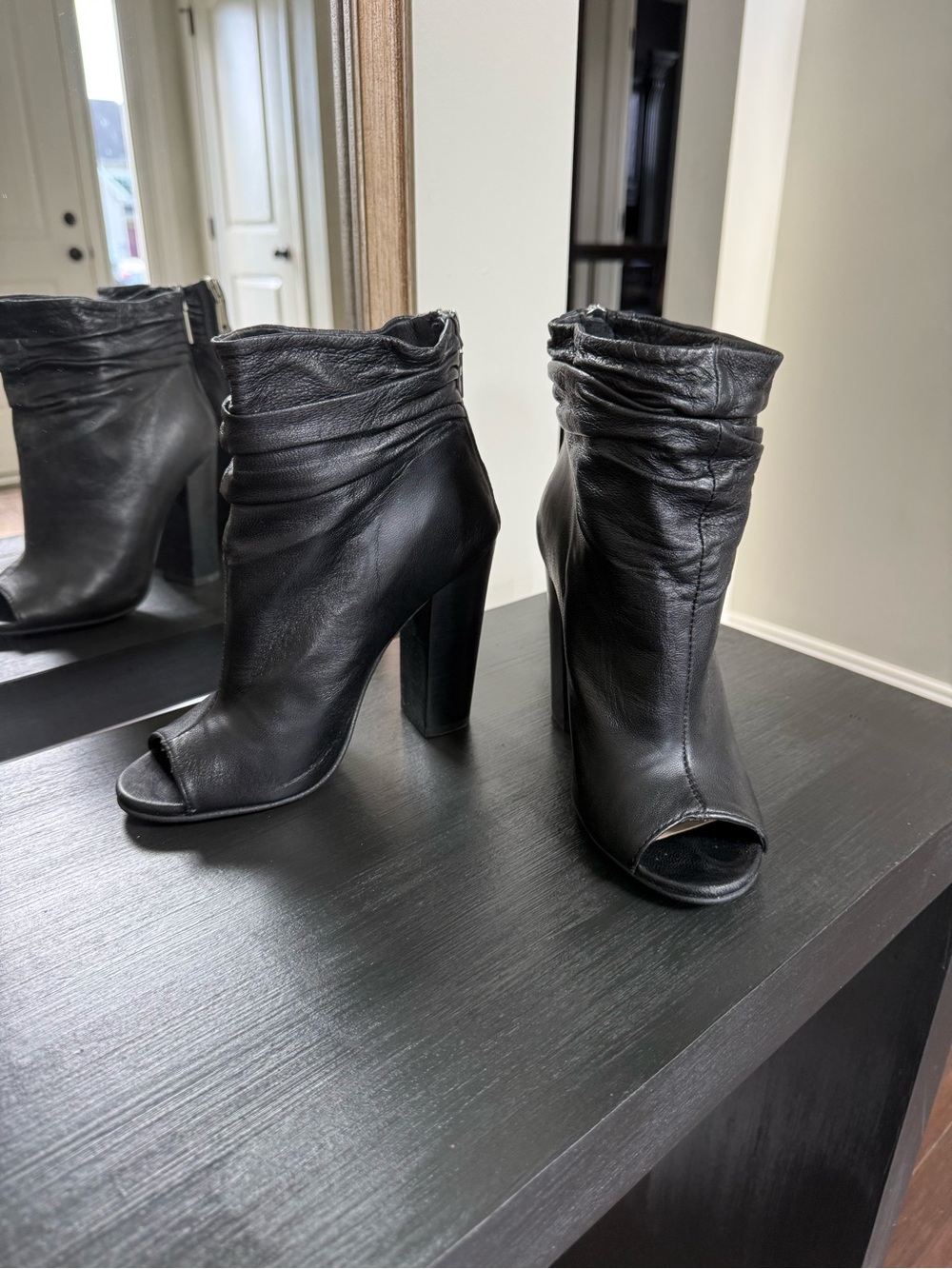 Chinese Laundry Liam black leather peep toe ankle bootie